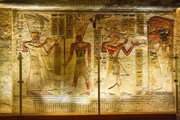 Ancient Egyptian wall paintings inside Egyptian Museum Cairo on Cairo day tour by bus from Sharm El Sheikh