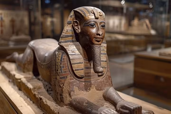Ancient Egyptian sphinx statue exhibit at the Grand Egyptian Museum Cairo on Sharm El Sheikh day tour