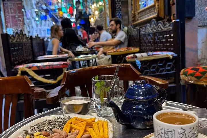 Egyptian tea and snacks at a traditional Cairo cafe in Khan El Khalili during a 3-day private tour