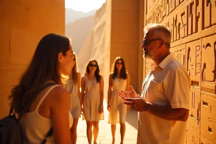 Egyptologist guide explains hieroglyphs in Luxor temple corridor on Sharm El Sheikh to Luxor plane excursion