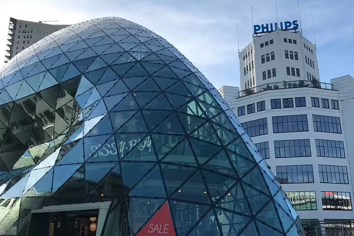Eindhoven Blob glass dome by Philips building, modern architecture highlight on journey to the future tour