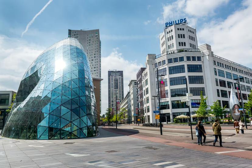 Eindhoven city center with Blob building and Philips landmark, featured on 1-day walking tour audioguide