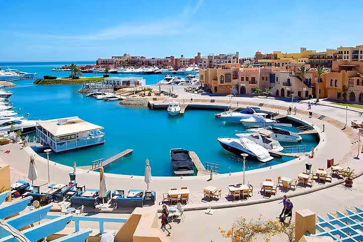 El Gouna Abu Tig Marina lagoon with luxury yachts, ideal for a private half-day city tour and lagoon cruise