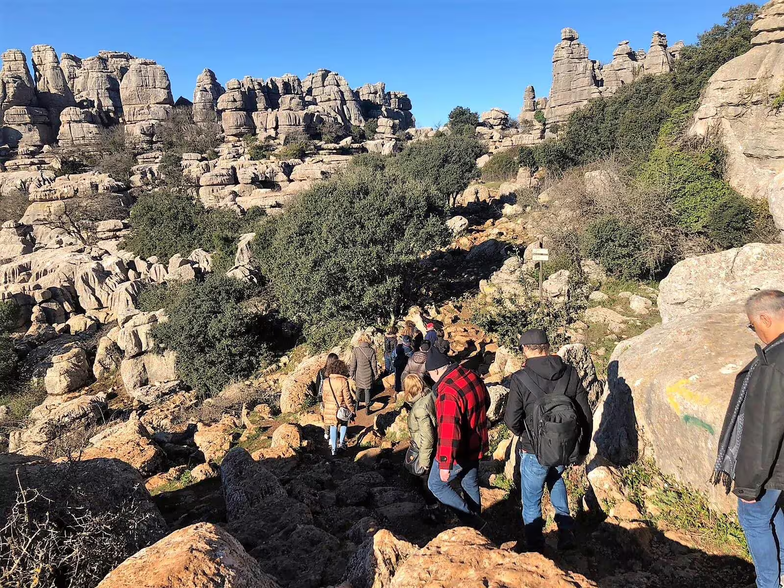 Small group hiking through El Torcal de Antequera karst formations, scenic nature walk on Costa del Sol day trip