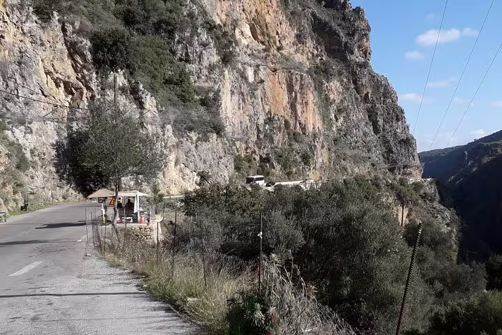 Scenic mountain road with rugged cliffs on the private tour to Elafonissi Beach from Rethymno, Crete.