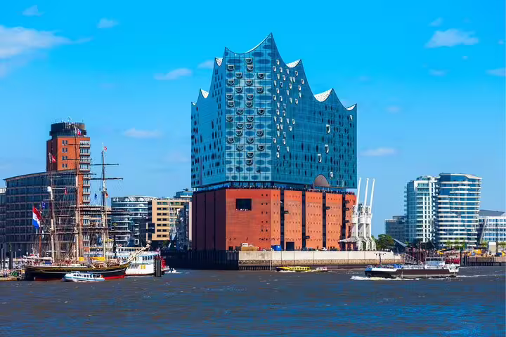 Elbphilharmonie concert hall view from the Elbe River in Hamburg, key stop on a self-guided scavenger hunt tour