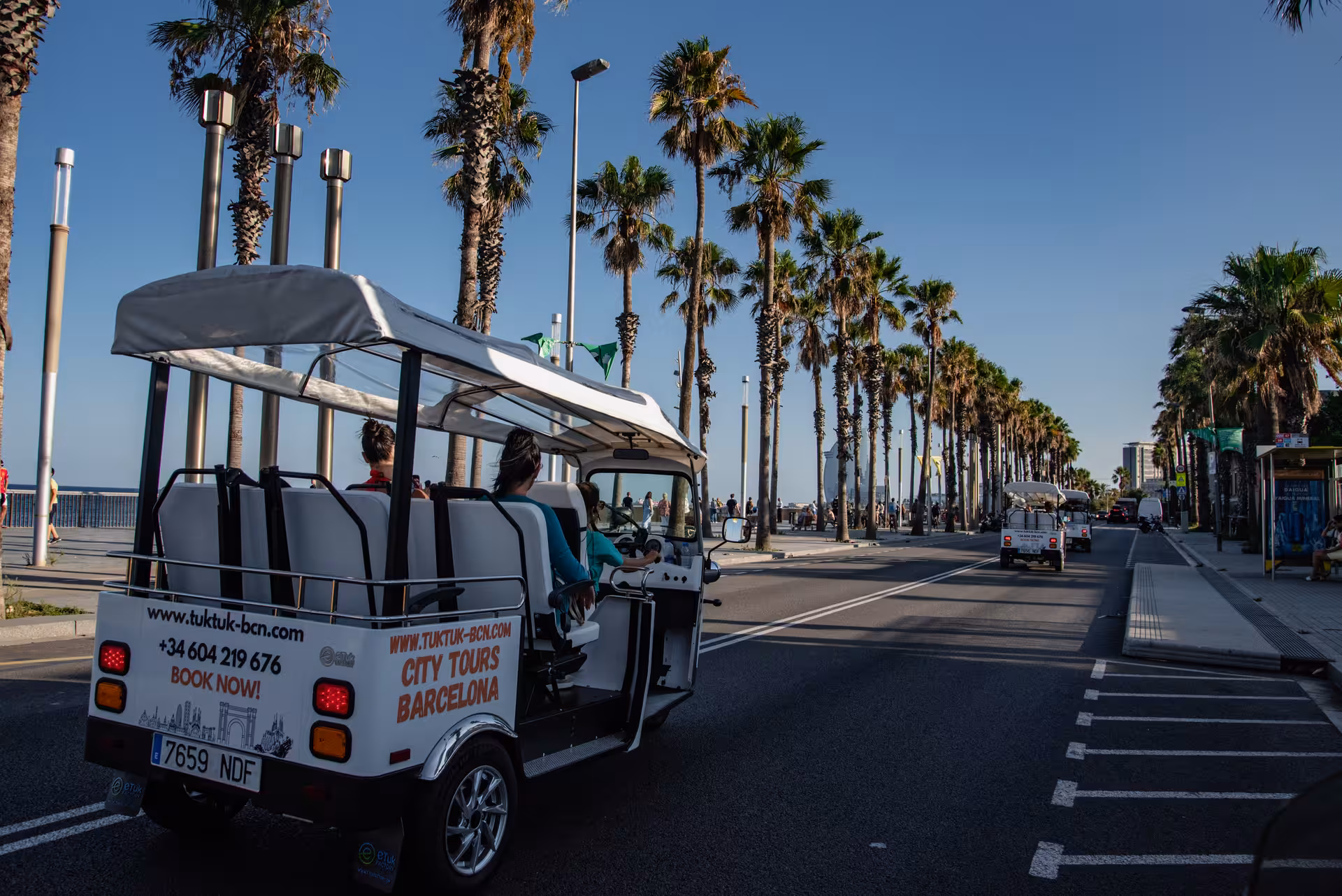 Electric tuk tuk tour along Barceloneta seafront with palm-lined promenade on the Regular Barcelona tour