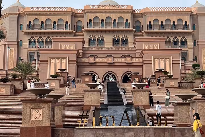Emirates Palace Abu Dhabi grand staircase and facade, photo stop on city tour with Grand Mosque and Qasr Al Watan
