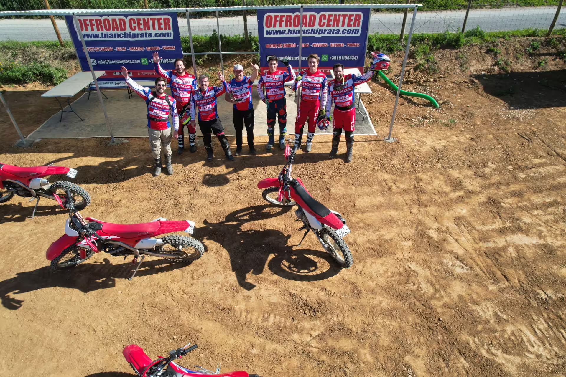 Group of enduro riders with dirt bikes at Offroad Center in Carregado, Lisboa, ready for a thrilling 3-hour training.
