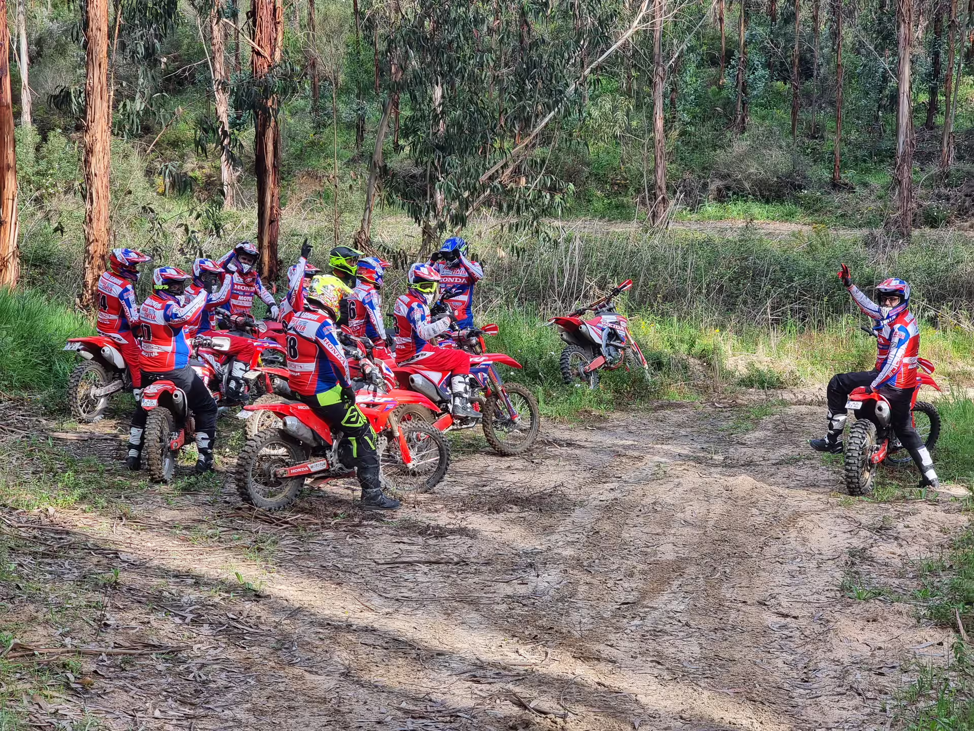 Riders on dirt bikes pause in a lush forest during a 3-hour enduro tour in Carregado, Lisbon, highlighting adventure.