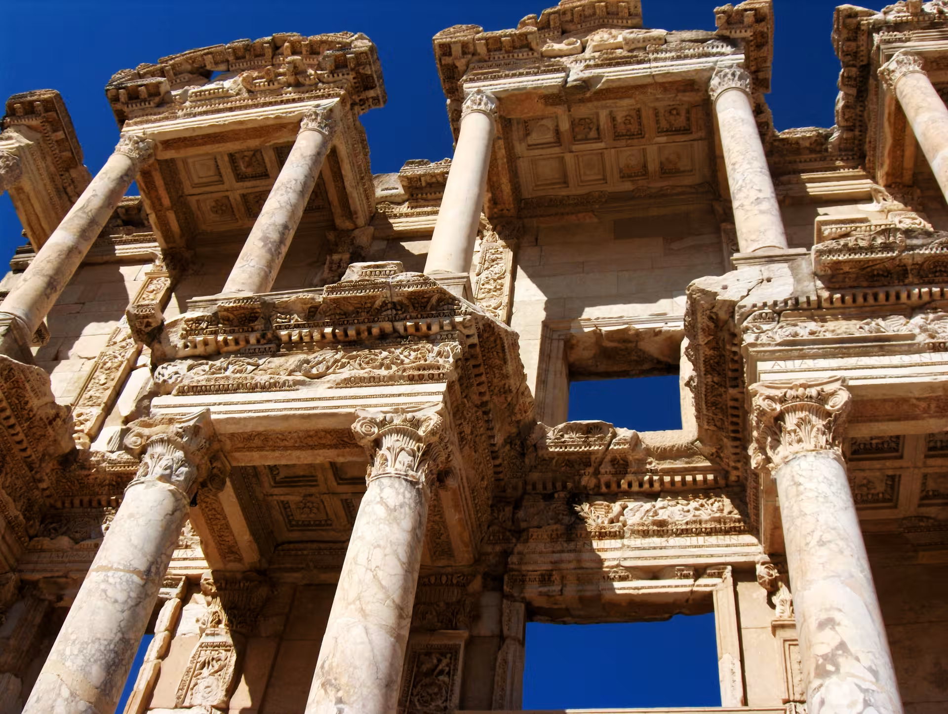 Ephesus ancient ruins in Turkey, ornate marble columns and carvings on a Highlights of Turkey tour