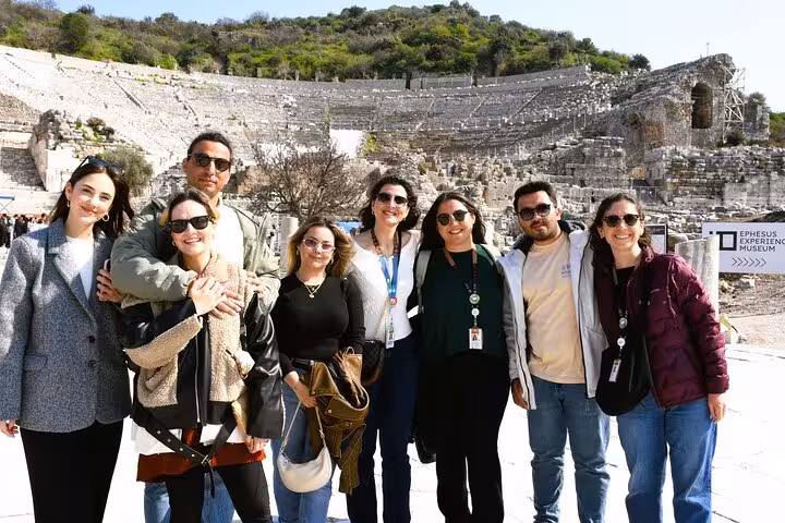 Group photo at Ephesus Great Theatre on a 2-day Ephesus Aphrodisias and Pamukkale tour in Turkey