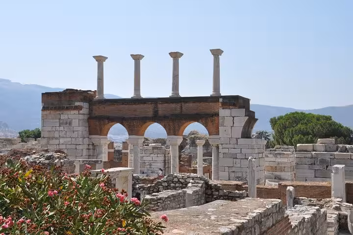 Ancient Basilica of St John ruins in Selcuk near Ephesus, columns and arches on biblical shore excursion