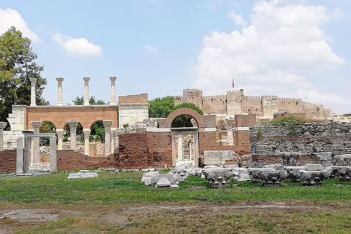 Ephesus ruins and fortress walls in Turkey on all-inclusive Biblical tour with Bible-oriented guide and lunch