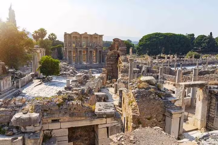 View of the ancient ruins and Celsus Library in Ephesus, a highlight of the private tour from Izmir Port, rich in history.