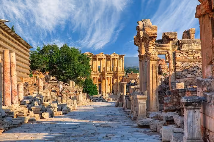 Curetes Street and Library of Celsus ruins in Ephesus, Izmir Airport shore excursion day tour