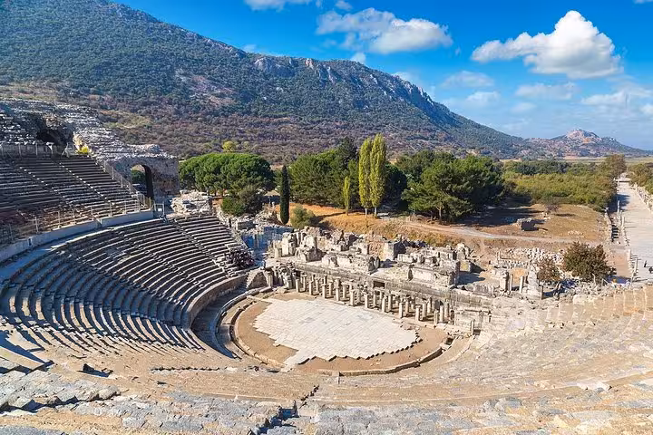 Great Theatre of Ephesus amphitheater panorama on guided Ephesus tour from Izmir Airport, Turkey