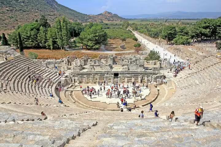 Ancient Ephesus Great Theatre amphitheater view on a private all-inclusive Ephesus day tour from Kusadasi
