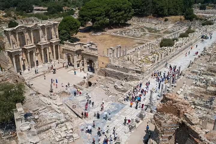 Aerial view of Ephesus showcasing the historic Library of Celsus, offering a glimpse into ancient Roman architecture.