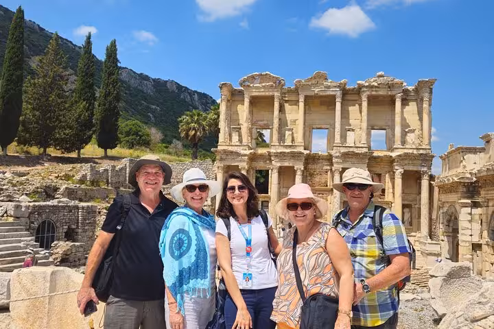 Tour group at Ephesus Library of Celsus ruins, highlight stop on 8-day Cappadocia Pamukkale Antalya tour
