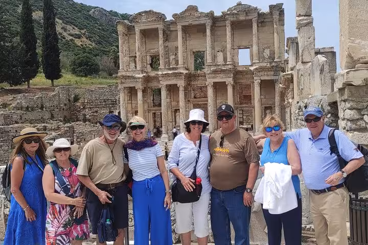 Small group at the Library of Celsus ruins on a private Ephesus tour for cruise passengers from Kusadasi