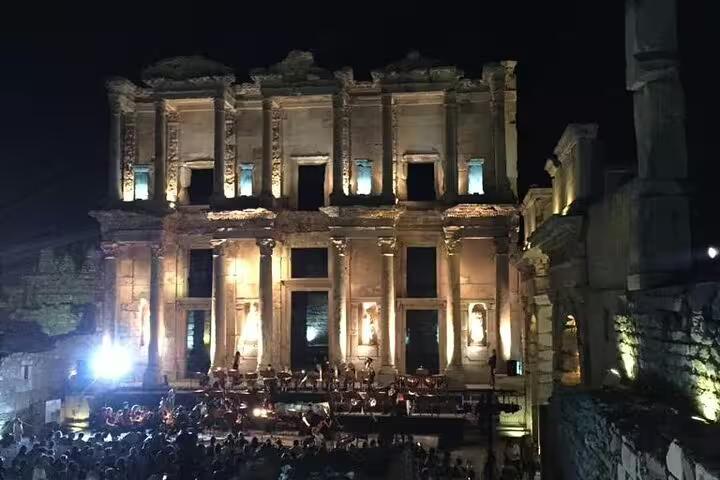 Night view of Ephesus Library of Celsus during private Ephesus tour with St John Basilica and lunch