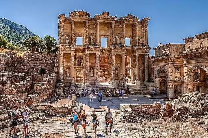 Explore the ancient Library of Celsus with a private van tour from Kusadasi Port, guided experience in Ephesus.