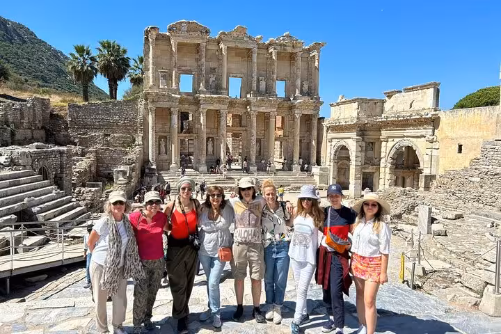 Group photo at the Library of Celsus in Ephesus on a small group tour with House of Mary visit and lunch