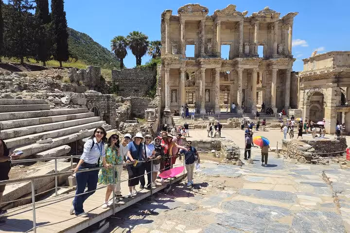 Tour group at Ephesus Library of Celsus, Turkey, on 3-day Ephesus Pamukkale Priene Miletus Didyma trip