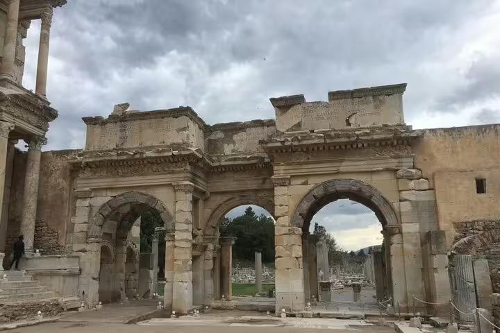 Ancient marble arches at Ephesus ruins on a private tour to St. John Basilica and House of Mary with lunch