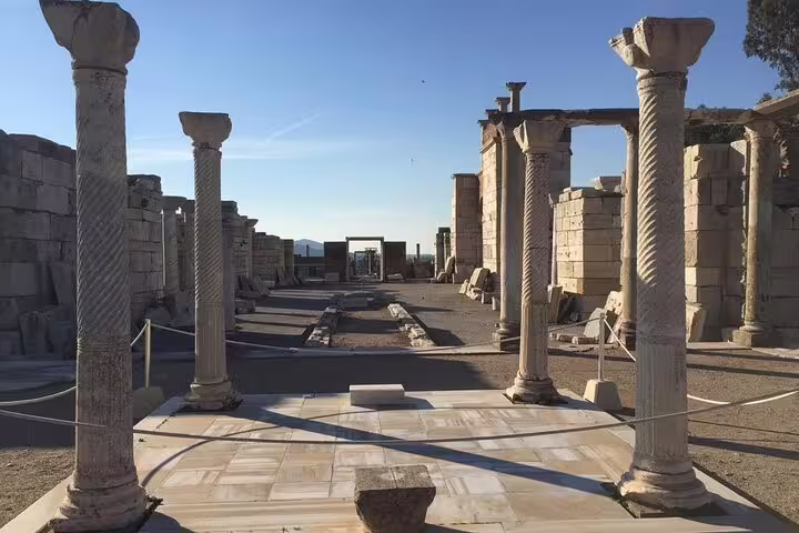 Ancient marble columns on Curetes Street in Ephesus, Turkey, on Bible-oriented guided all-inclusive tour