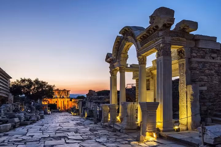 Sunset view of Ephesus marble street and ancient columns, private Kusadasi tour before Turkish bath hamam