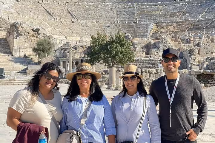 Group photo at the Great Theatre of Ephesus during a 2-day Ephesus and Pamukkale tour from Istanbul