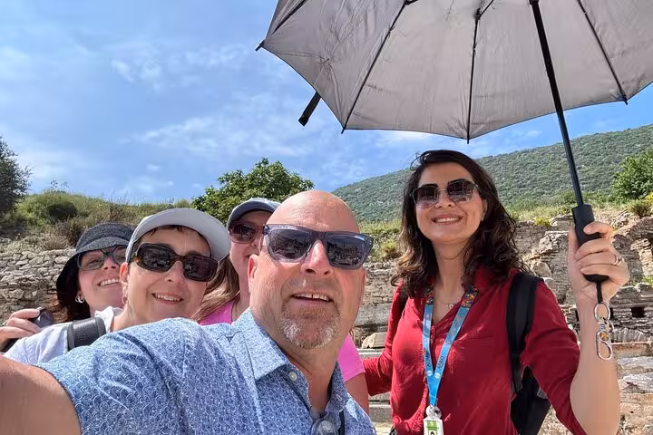 Tour group selfie at ancient Ephesus ruins on 3-day Istanbul to Pamukkale, Priene, Miletus and Didyma tour