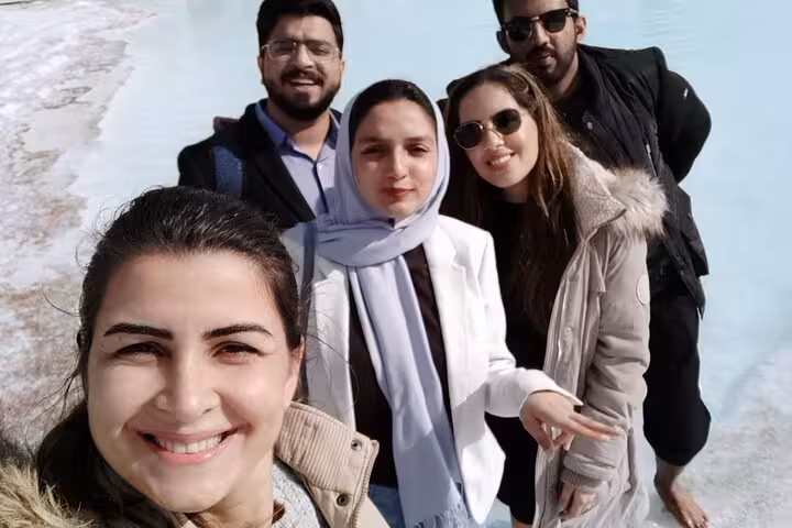 Group selfie at Pamukkale travertine pools on 2-day Ephesus & Pamukkale tour from Istanbul