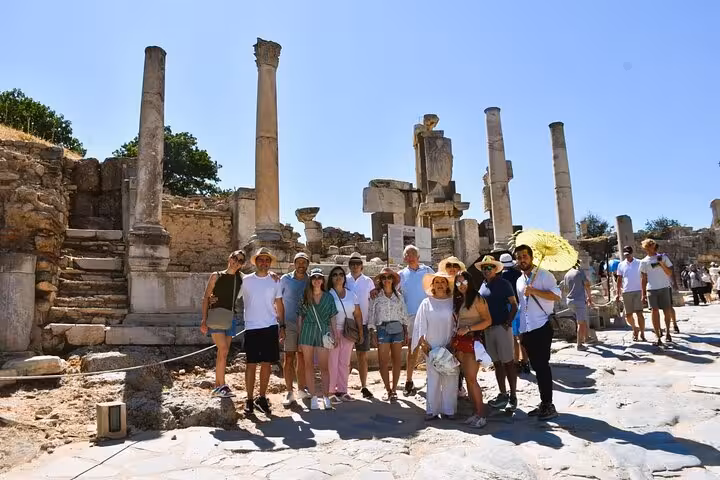 Private Ephesus tour group on Marble Street among ancient columns, shore excursion from Izmir Cruise Port
