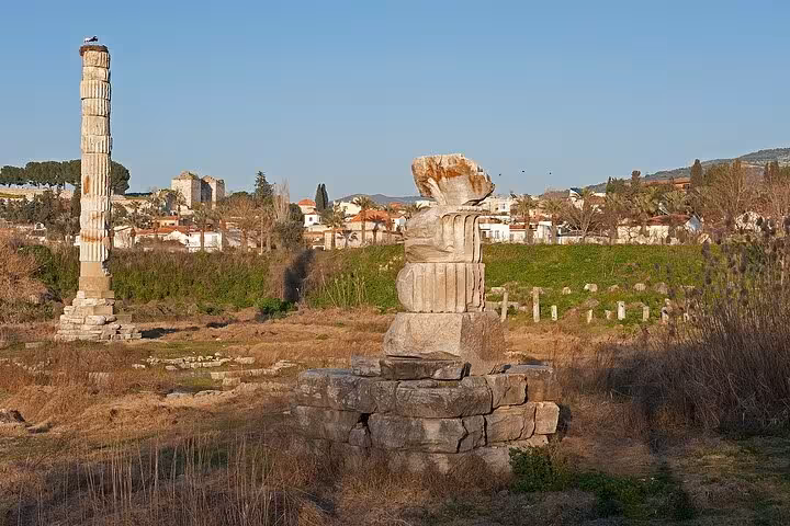 Ruins and standing column in the Ephesus archaeological site near Selcuk on an Istanbul to Ephesus flight tour