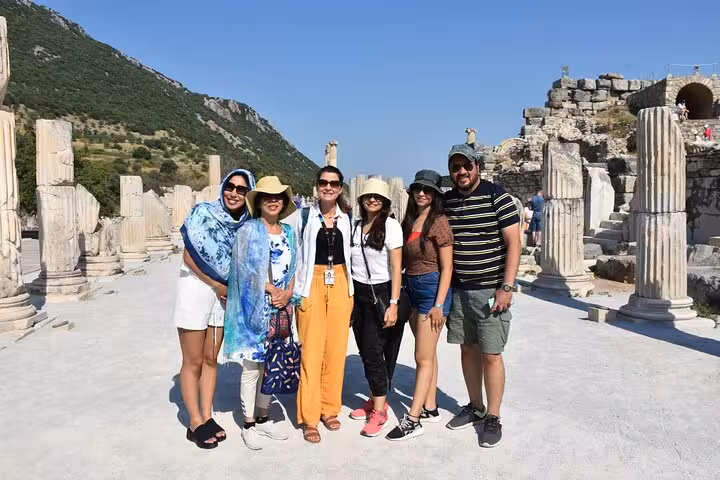 Group photo at ancient Ephesus ruins on a private tour from Cesme or Alacati hotels, Turkey