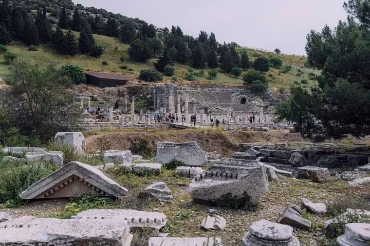 Scenic view of Ephesus ruins and hillside on a private tour from Izmir Cruise Port, with ancient marble stones