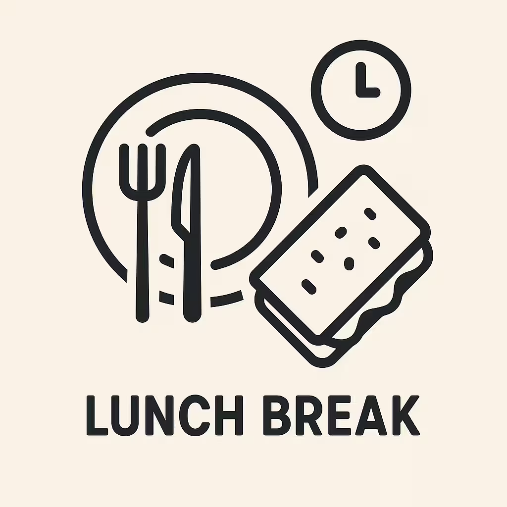 Flat-style lunch break icon featuring a plate with fork and knife, a sandwich, a small clock, and the text "Lunch Break".