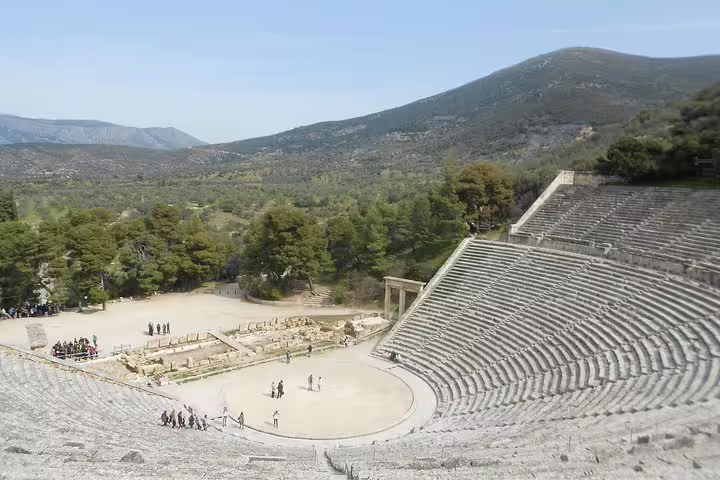 Epidaurus Ancient Theatre seating and orchestra on a private day tour from Athens in the Peloponnese