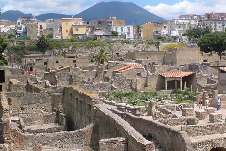 Panoramic view of Ercolano ruins with Mt Vesuvius in the background on a private full day tour with winery visit