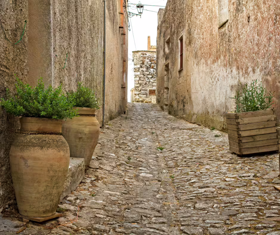 Narrow cobbled alley with rustic stone walls and terracotta pots in historic Erice village on a Palermo private tour