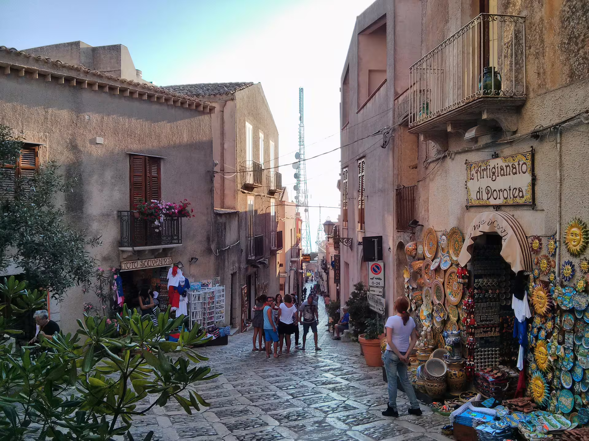 Erice old town street with Sicilian ceramics shops, scenic stop on Erice and Segesta day trip from Palermo