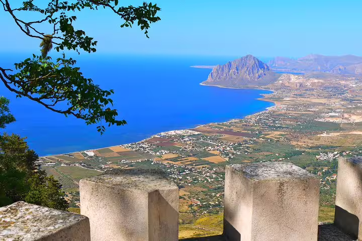 Panoramic coastal view from Erice over Trapani countryside and blue sea, highlight of Erice Segesta tour from Palermo