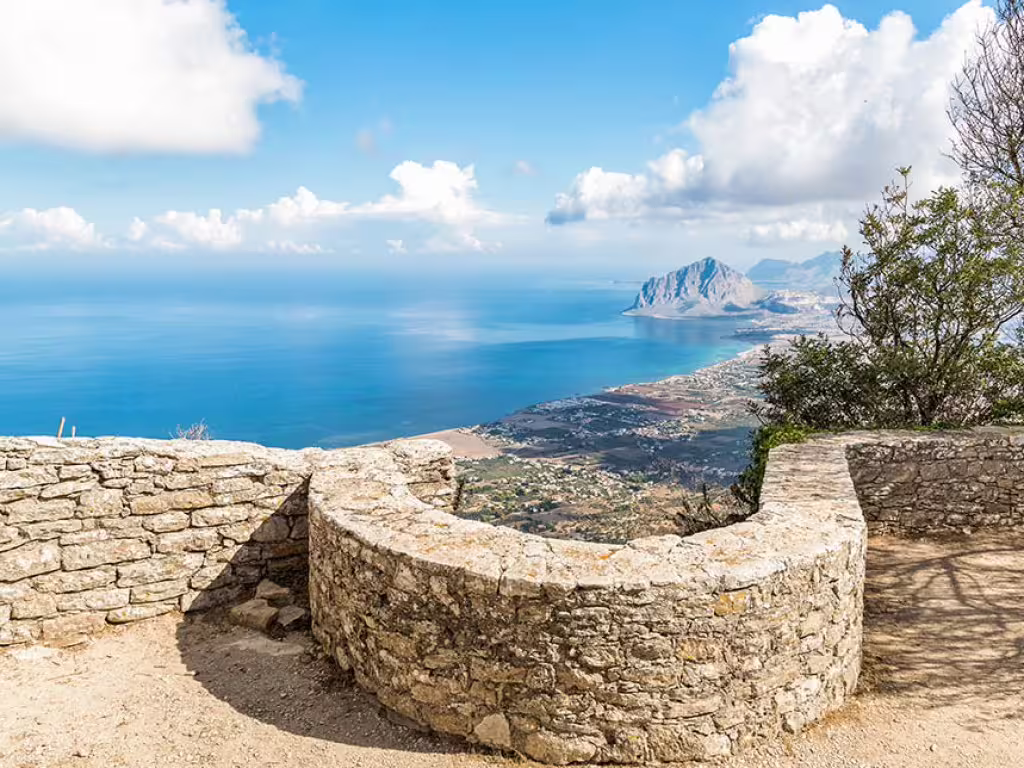 Panoramic sea view from Erice viewpoint over western Sicily coast, Palermo to Agrigento tour stop via Erice