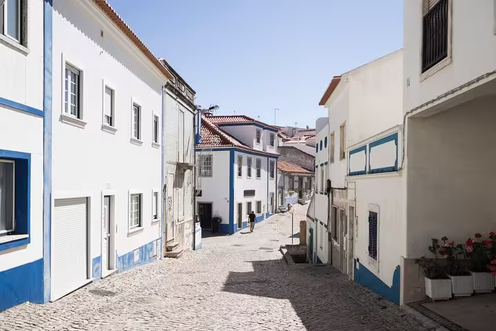 Charming cobblestone street in Ericeira with traditional white and blue houses, featured in the Lisboa Mafra Queluz tour.