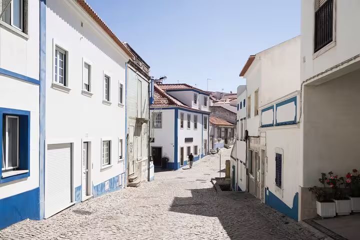 Charming cobblestone street in Ericeira with traditional whitewashed buildings and blue accents on the Mafra, Ericeira & Queluz tour.