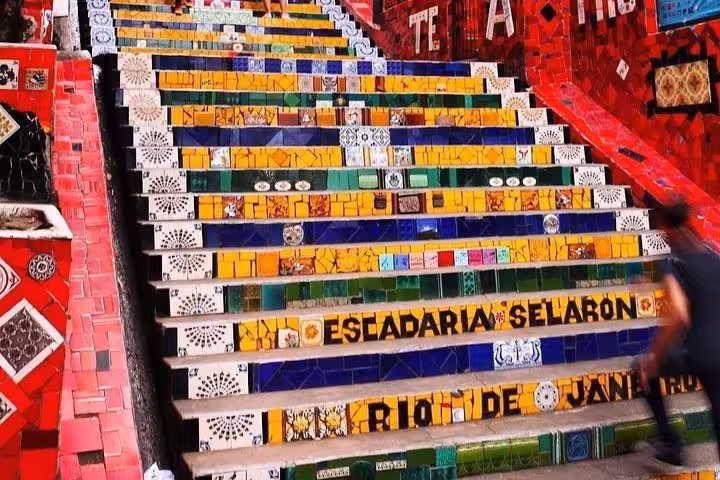 Vibrant mosaic-tiled Escadaria Selarón steps in Rio de Janeiro, a must-see on the Lapa and Santa Teresa walking tour.