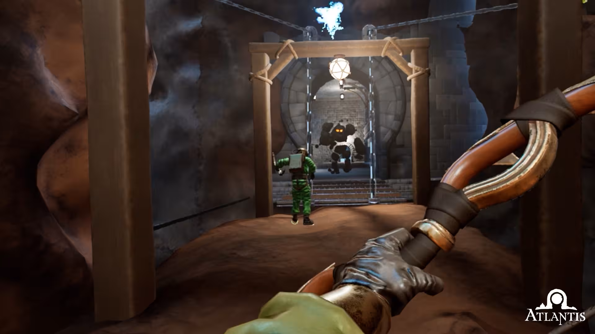 Escape Room 50' Atlantis VR scene with player holding tool, entering stone tunnel puzzle with robot guard